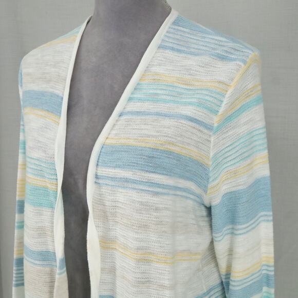 J Jill Sweater Petites MP PM White Blue Stripe Cardigan Cotton Open Front New - Picture 9 of 16
